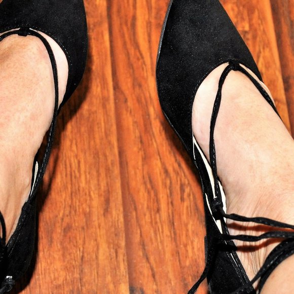 Black Suede Ballerina Flats - Long Ties! - Picture 7 of 7
